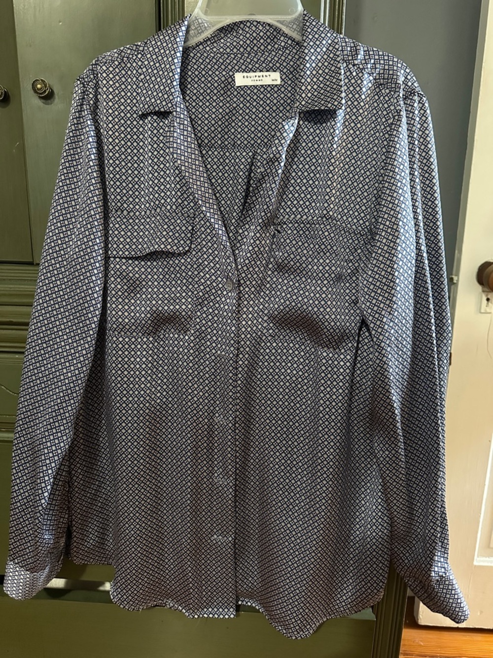 Equipment women’s SILK Blue and White Geometric Button-Down Shirt